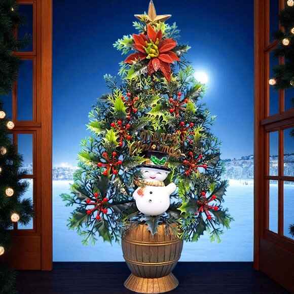 Merry Christmas Tree Snowman Flocked Poinsettia 1970s Kitsch Plastic Hong Kong - Picture 1 of 10